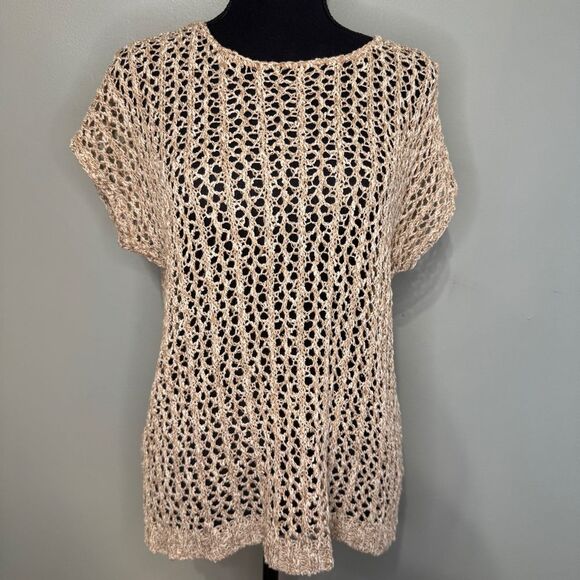 J.Jill Crocheted Linen Slouchy Mesh Shirt Top Size Small Gold Tan - Picture 1 of 8